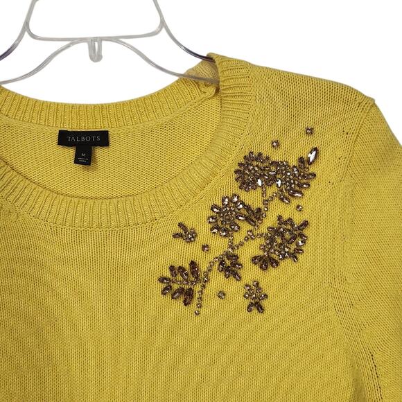 TALBOTS CASHMERE BLEND SWEATER WOMENS M YELLOW EMBELLISHED GEMS BLING CLASSIC - Picture 1 of 7